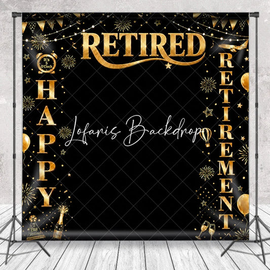Lofaris Black and Gold Happy Retirement Party Holiday Backdrop with Fireworks Champagne Elegant Celebration Decor