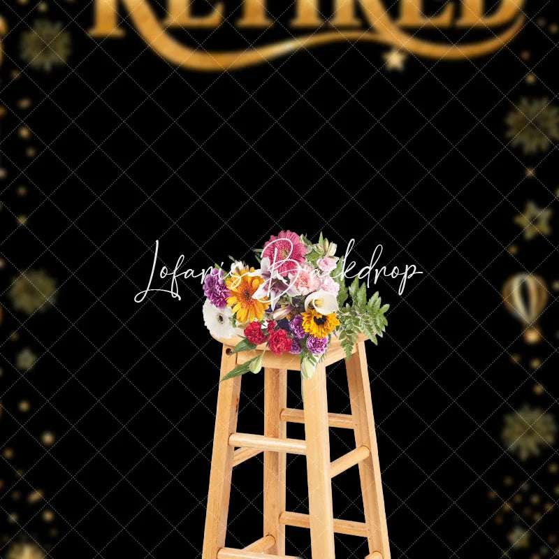 Lofaris Black and Gold Happy Retirement Party Holiday Backdrop with Fireworks Champagne Elegant Celebration Decor