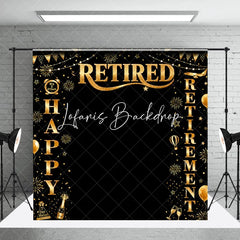 Lofaris Black and Gold Happy Retirement Party Holiday Backdrop with Fireworks Champagne Elegant Celebration Decor