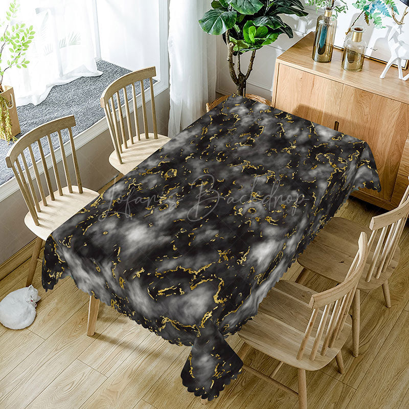 Lofaris Black and Gold Marble Rectangle Tablecloth with Faux Wave Edge for Luxury Elegant Party Decor