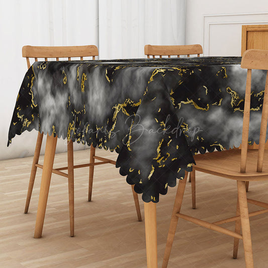 Lofaris Black and Gold Marble Rectangle Tablecloth with Faux Wave Edge for Luxury Elegant Party Decor