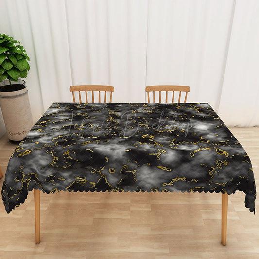 Lofaris Black and Gold Marble Rectangle Tablecloth with Faux Wave Edge for Luxury Elegant Party Decor