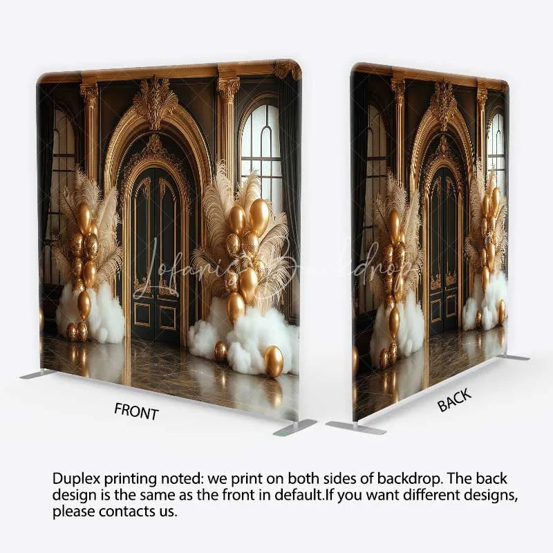 Lofaris Black and Gold Ornate Door Square Double-Sided Backdrop Elegant Feather Balloon Decor for Parties
