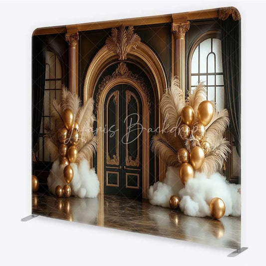 Lofaris Black and Gold Ornate Door Square Double-Sided Backdrop Elegant Feather Balloon Decor for Parties