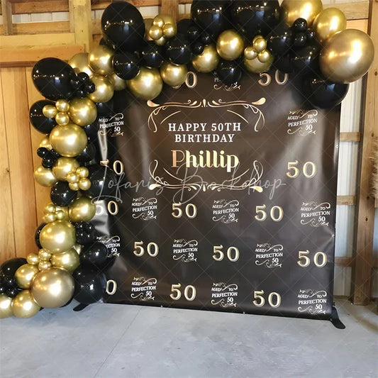 Lofaris Black and Gold Personalized Happy 50th Birthday Custom Backdrop Elegant Aged to Perfection Party Decor