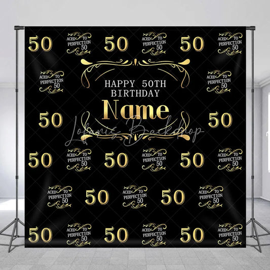 Lofaris Black and Gold Personalized Happy 50th Birthday Custom Backdrop Elegant Aged to Perfection Party Decor