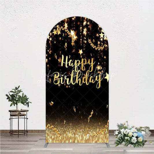 Lofaris Black and Gold Sparkling Happy Birthday Arch Backdrop Kit Elegant Stars Glitter Party Decor
