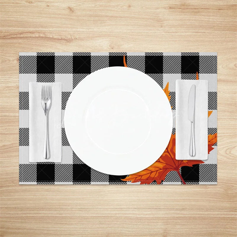 Lofaris Black and Gray Grid with Maple Leaves Set of 4 Placemats for Modern Moody Fall Autumn Decor