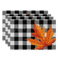 Lofaris Black and Gray Grid with Maple Leaves Set of 4 Placemats for Modern Moody Fall Autumn Decor
