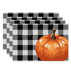 Lofaris Black and Gray Intersecting Grid with Pumpkins Set of 4 Placemats for Modern Farmhouse Fall Decor