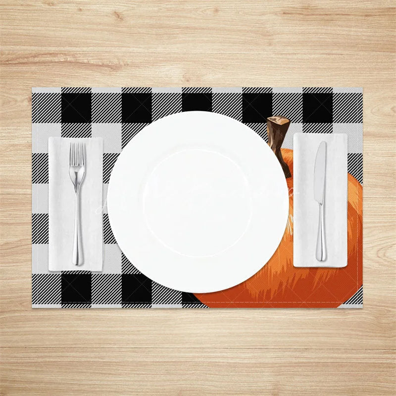 Lofaris Black and Gray Intersecting Grid with Pumpkins Set of 4 Placemats for Modern Farmhouse Fall Decor