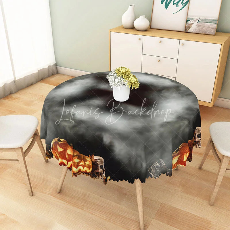 Lofaris Black and Gray Jack-o’-Lantern Halloween Round Tablecloth for Modern Spooky Monochromatic Decor