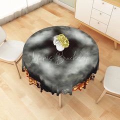 Lofaris Black and Gray Jack-o’-Lantern Halloween Round Tablecloth for Modern Spooky Monochromatic Decor