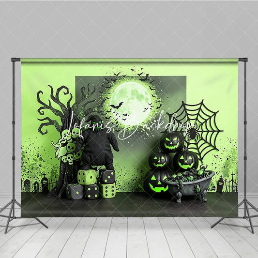 Lofaris Black and Neon Green Halloween Spooky Photography Backdrop with Burlap Monster Pumpkins Bats Flying Around Moon