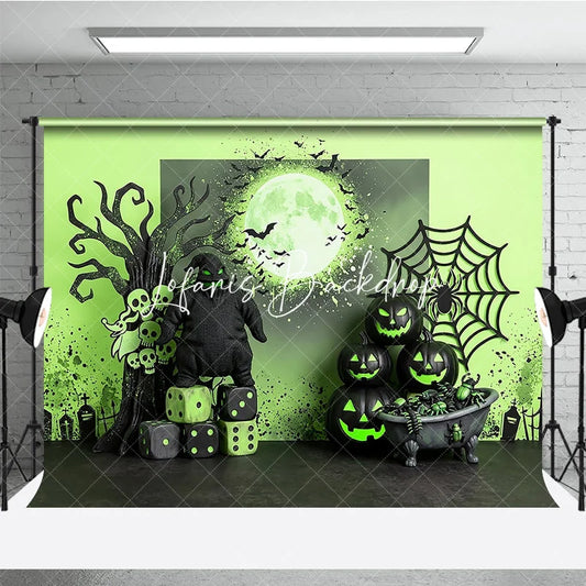 Lofaris Black and Neon Green Halloween Spooky Photography Backdrop with Burlap Monster Pumpkins Bats Flying Around Moon