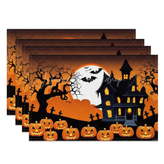 Lofaris Black and Orange Halloween Set of 4 Placemats with Bat Haunted Castle for Spooky Holiday Decor