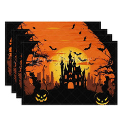 Lofaris Black and Orange Haunted Halloween Night Set of 4 Placemats for Spooky Festive Holiday Party Decor