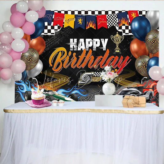 Lofaris Black and Orange Racing Car Happy Birthday Backdrop with Checkered Flag Trophy Balloons for Party