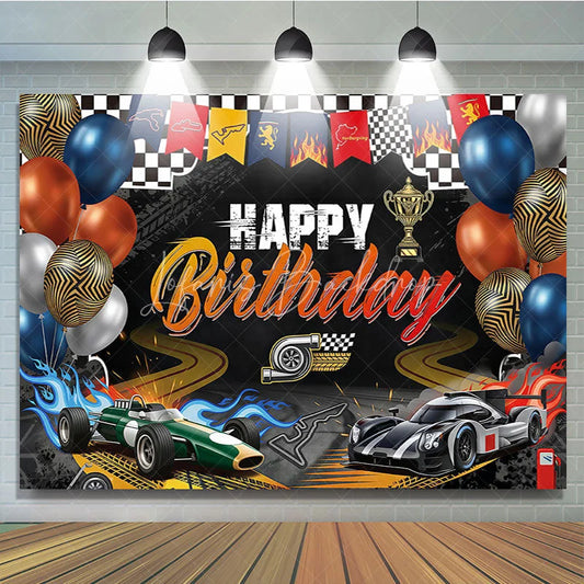 Lofaris Black and Orange Racing Car Happy Birthday Backdrop with Checkered Flag Trophy Balloons for Party