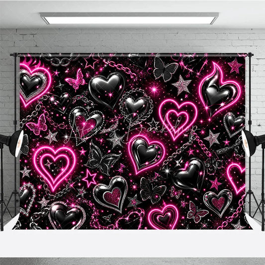 Lofaris Black and Pink Neon Y2K Glowing Heart Chain Holiday Backdrop Edgy Sparkling Butterfly Celebration Party Decor
