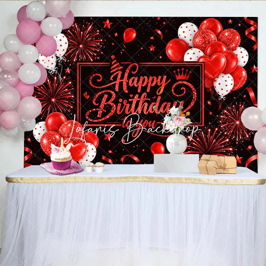 Lofaris Black and Red Glitter Happy Birthday to you Backdrop with Balloons Stars Ribbons for Festive Party Decor.