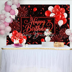 Lofaris Black and Red Glitter Happy Birthday to you Backdrop with Balloons Stars Ribbons for Festive Party Decor.