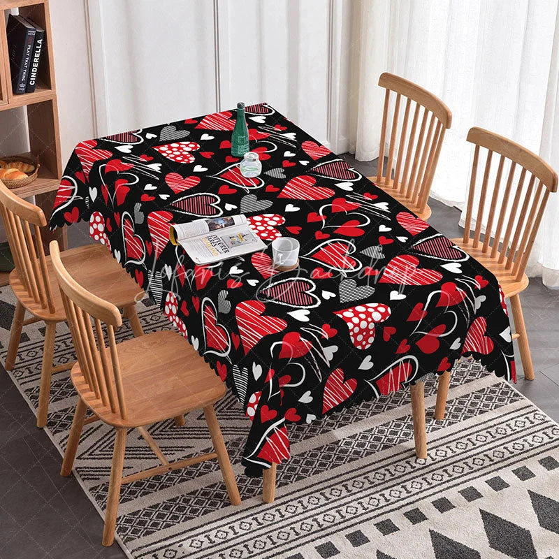 Lofaris Black and Red Scribble Heart Rectangle Tablecloth Hand Drawn Love Doodle Pattern Artistic Valentine Party Decor