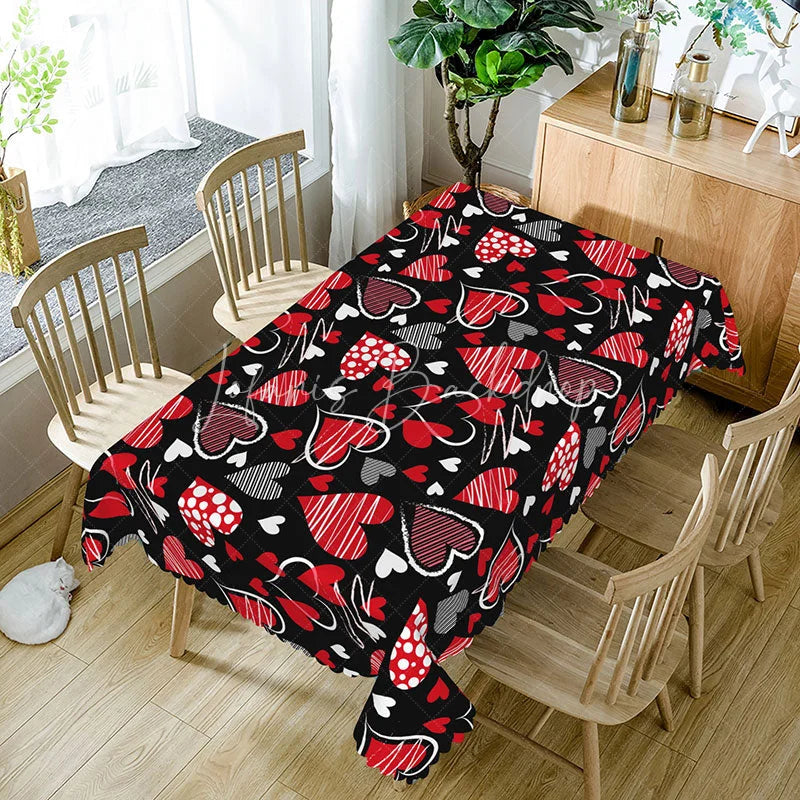 Lofaris Black and Red Scribble Heart Rectangle Tablecloth Hand Drawn Love Doodle Pattern Artistic Valentine Party Decor