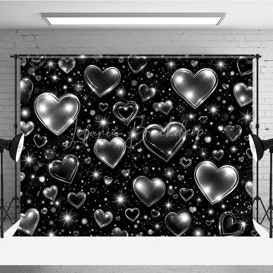Lofaris Black and Silver Y2K Glitter Heart Holiday Backdrop with Sparkling Stars Elegant Celebration Party Decor