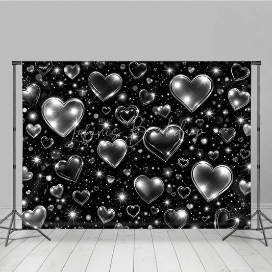 Lofaris Black and Silver Y2K Glitter Heart Holiday Backdrop with Sparkling Stars Elegant Celebration Party Decor