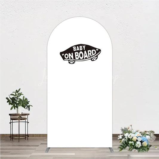 Lofaris Black and White Baby On Board Car Shape Round Top Arch Backdrop for Shower New Celebration Decor