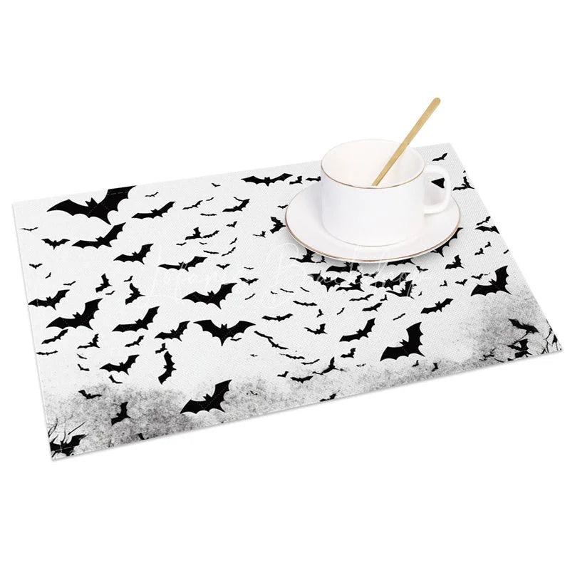 Lofaris Black and White Bat Halloween Style Set of 4 Placemats for Modern Gothic Spooky Decorations