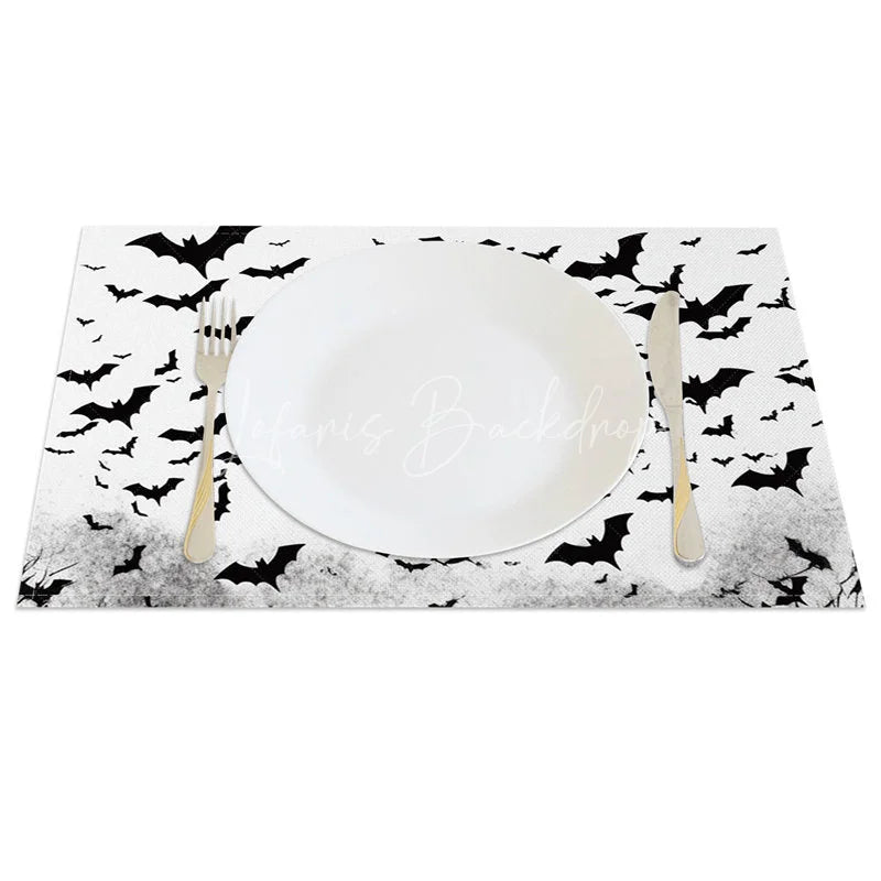 Lofaris Black and White Bat Halloween Style Set of 4 Placemats for Modern Gothic Spooky Decorations