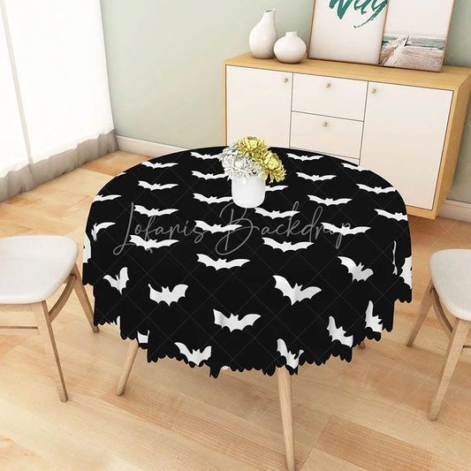 Lofaris Black and White Bat Pattern Halloween Round Tablecloth for Gothic Minimalist Spooky Decor