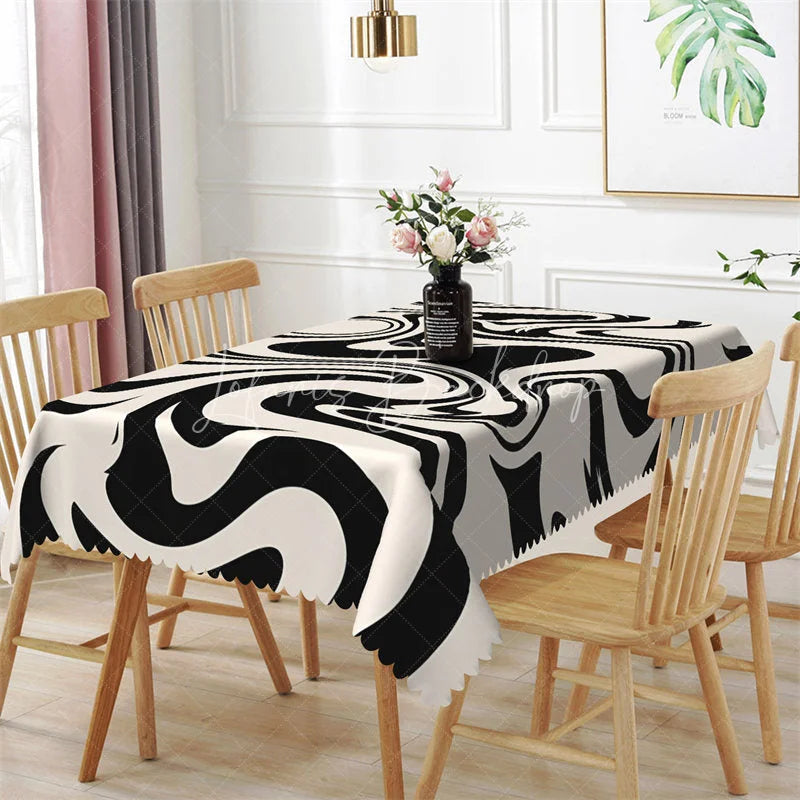 Lofaris Black and White Bold Marble Rectangle Tablecloth Abstract Wave Pattern Modern Table Cover Decor
