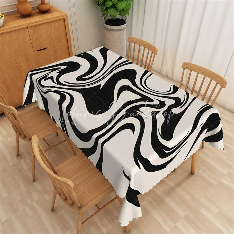 Lofaris Black and White Bold Marble Rectangle Tablecloth Abstract Wave Pattern Modern Table Cover Decor