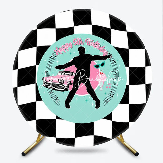 Lofaris Black and White Checkered 1950s Rock Roll Happy 5th Birthday Round Backdrop Retro Car Milkshake Party Decor