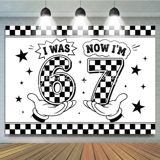 Lofaris Black and White Checkered Now 7th Birthday Backdrop Retro Cartoon Style Party Decoration