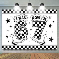 Lofaris Black and White Checkered Now 7th Birthday Backdrop Retro Cartoon Style Party Decoration