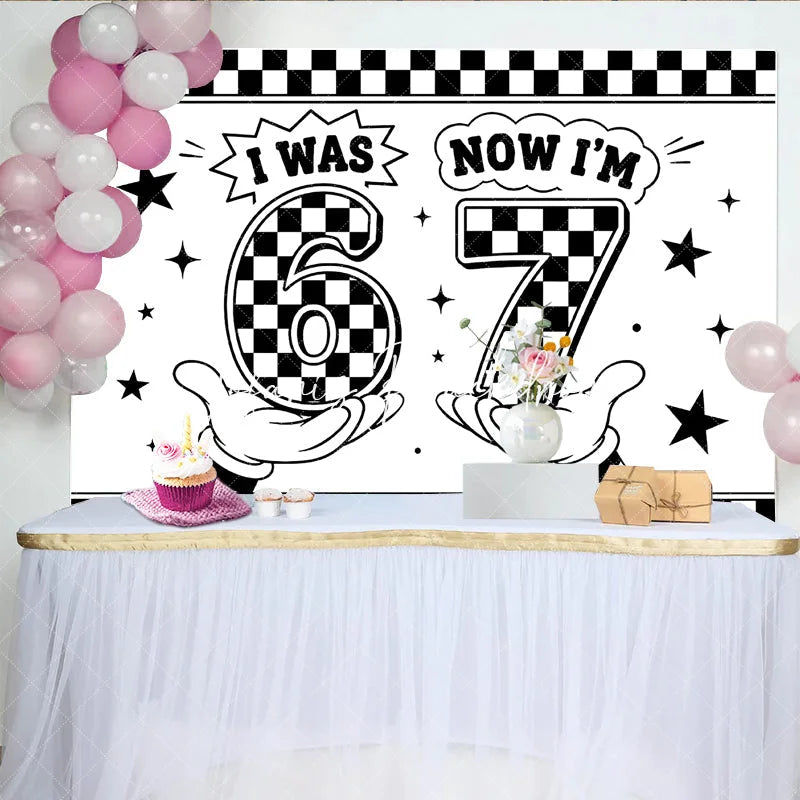 Lofaris Black and White Checkered Now 7th Birthday Backdrop Retro Cartoon Style Party Decoration