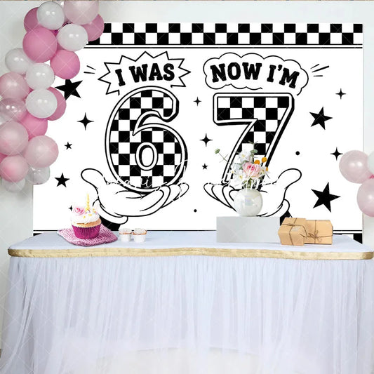 Lofaris Black and White Checkered Now 7th Birthday Backdrop Retro Cartoon Style Party Decoration