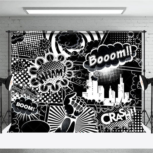 Lofaris Black and White Comic Book City Backdrop Superhero Action Words Wham Boom Crash Party Banner