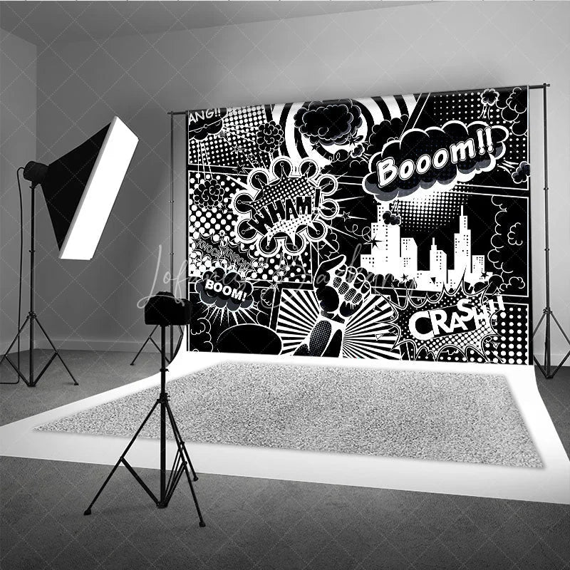 Lofaris Black and White Comic Book City Backdrop Superhero Action Words Wham Boom Crash Party Banner