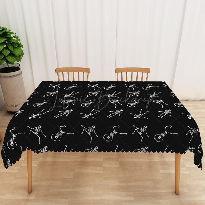 Lofaris Black and White Dancing Skeleton Rectangle Tablecloth for Funny Spooky Halloween Party Decor