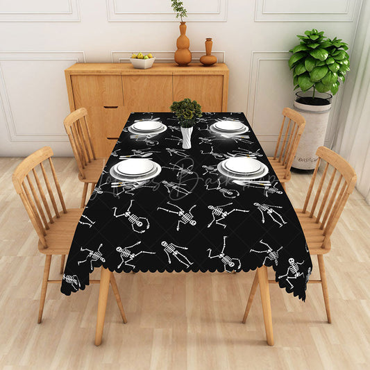 Lofaris Black and White Dancing Skeleton Rectangle Tablecloth for Funny Spooky Halloween Party Decor