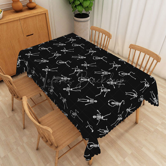 Lofaris Black and White Dancing Skeleton Rectangle Tablecloth for Funny Spooky Halloween Party Decor