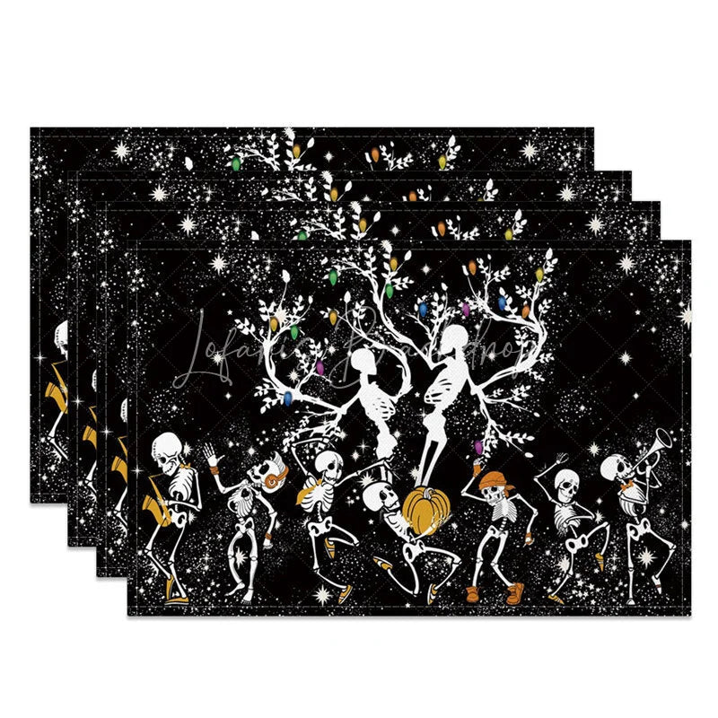Lofaris Black and White Dancing Skeletons Halloween Set of 4 Placemats for Funny Spooky Party Decorations