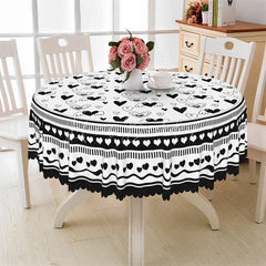 Lofaris Black and White Doodle Heart Round Tablecloth Sketch Wing Love Pattern Table Cover for Dining