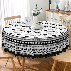 Lofaris Black and White Doodle Heart Round Tablecloth Sketch Wing Love Pattern Table Cover for Dining