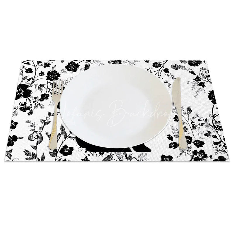 Lofaris Black and White Easter Bunny Set of 4 Placemats Floral Silhouette Rabbit Table Mats for Spring